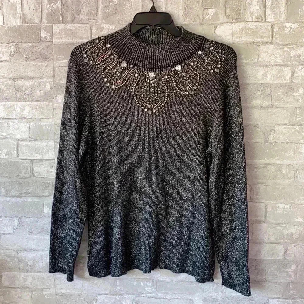 Objects D’art woman metallic beaded cotton sweater